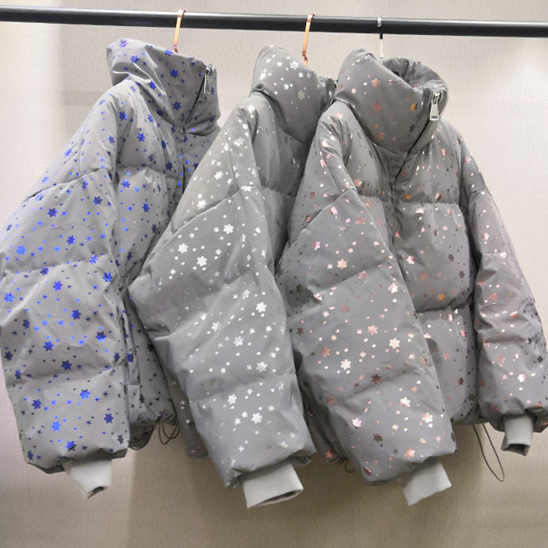 Winter Women Streetwear Down Parka Oversize Reflective Jacket Short Warm Women Coat Snowflake Sequin Parka Cotton Padded Jacket 201217