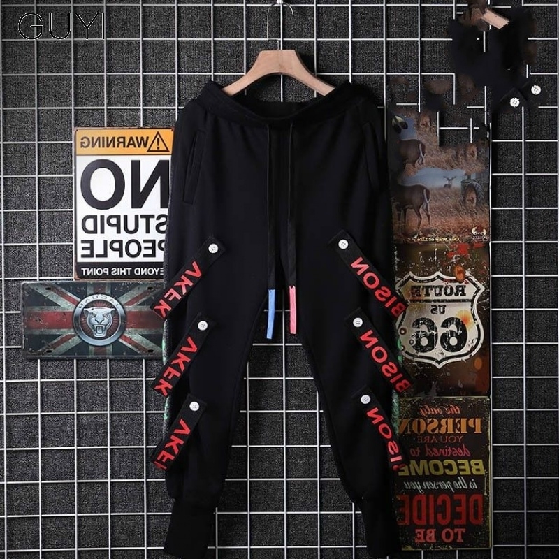 Letter Ribbons Hip Hop Pants for Men Joggers Casual Streetwear Vintage Harem Pants Male Trousers Cargo Sport Men's Black Pants 201027