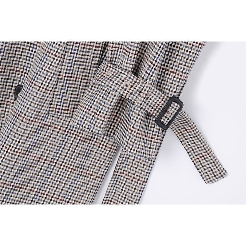 [EAM] Women Gray Plaid Stitch Big Size Long Trench New Lapel Long Sleeve Loose Fit Windbreaker Fashion Spring Autumn 1Z475 201102