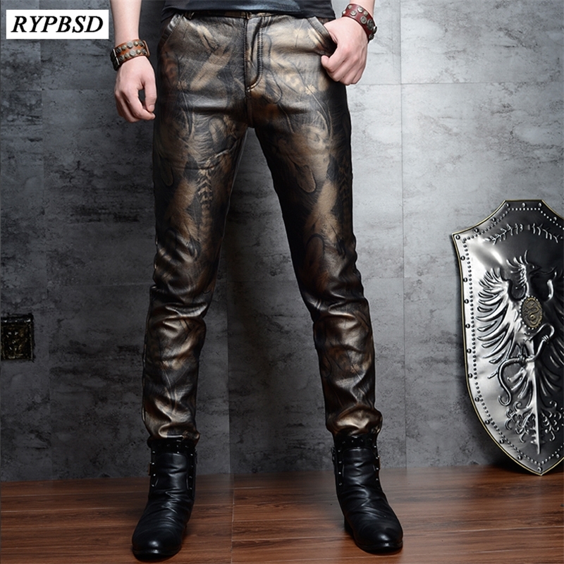 2 Colors Fashion Faux Leather Pants for Men Slim Skinny PU Leather Pants Men High Quality Zipper Faux Leather Pencil Pants 201118
