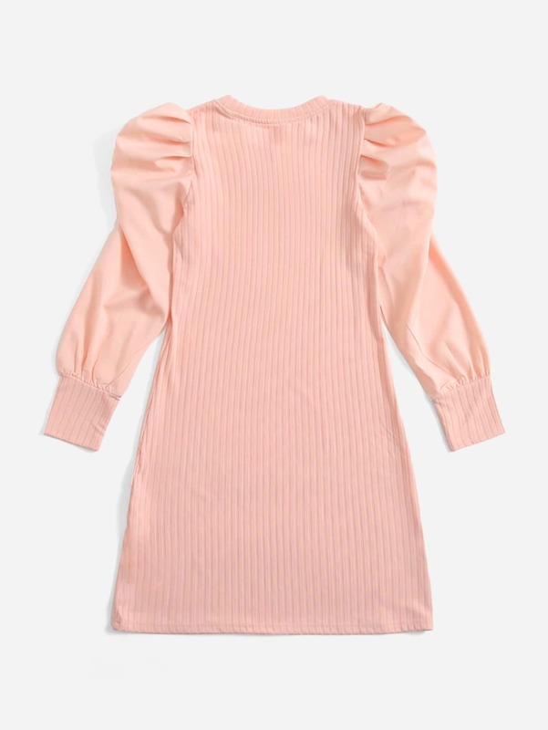 Girls Ribbed Knit Ruched Gigot Sleeve Dress SHE