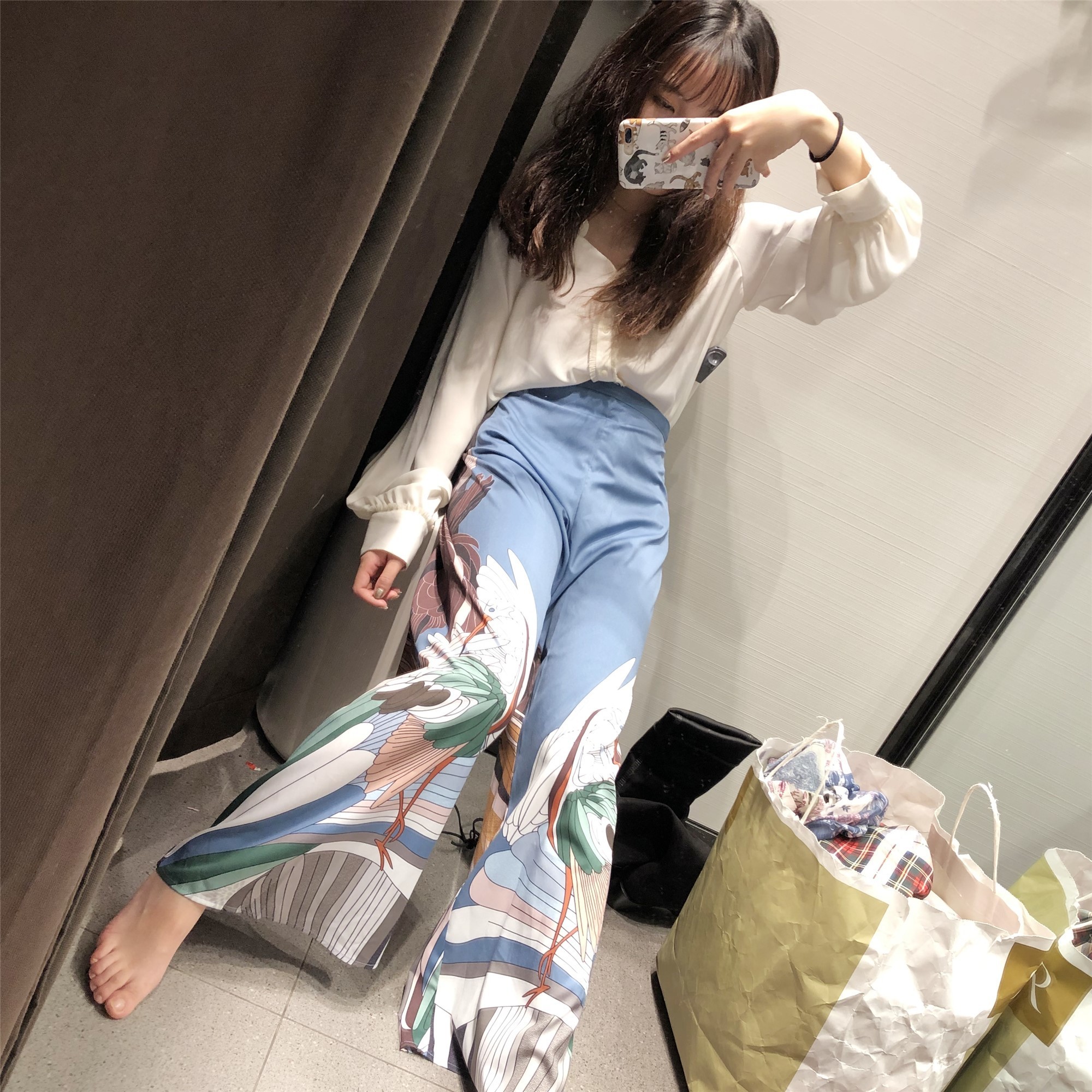 CHEERART Japanese Wide Leg Pants Women Ukiyoe Print Summer Pants Loose Trousers Palazzo Pants Blue Clothing 201106