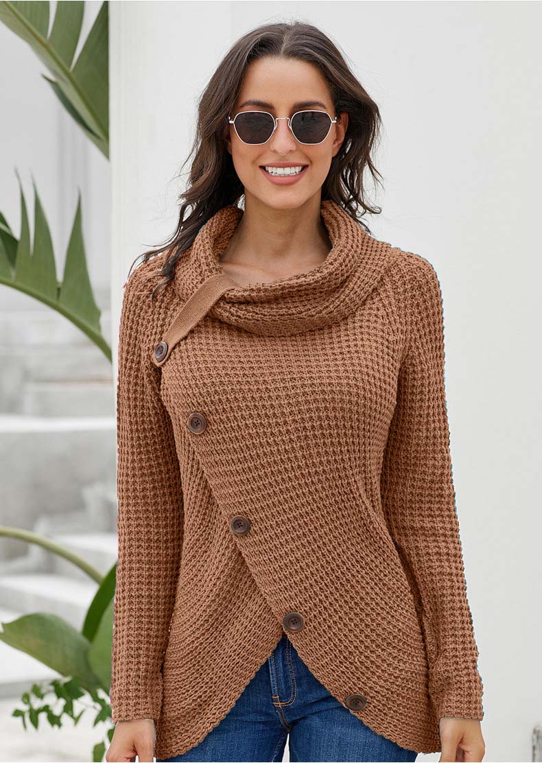 Turtle Neck Sweaters Women Autumn and Winter New Long-sleeved Hem Asymmetric Button-type Pullover Sweater Womens Fashion Tops