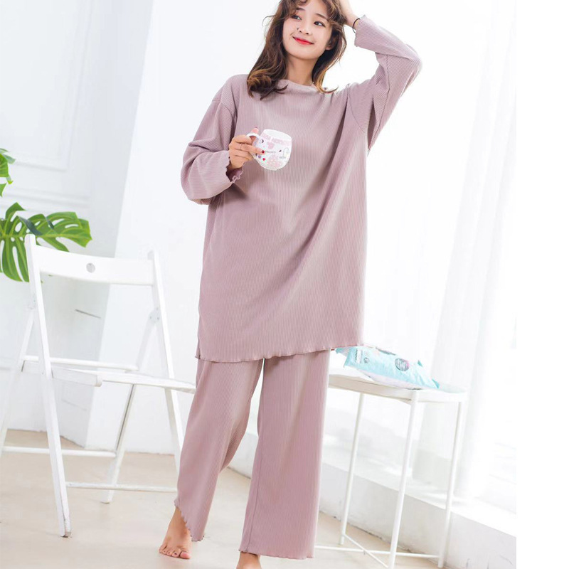 Autumn winter new cotton long-sleeved pajamas suits loose striped home suits two piece pants set pyjamas women pijamas sleepwear 201113