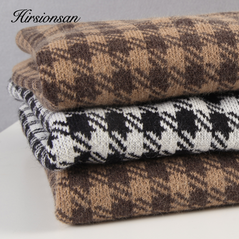 Hirsionsan Khaki Houndstooth Cashmere Sweater Women Loose Casual Knitted Pullovers Autumn Soft Knitwear Female Retro Jumper 201224