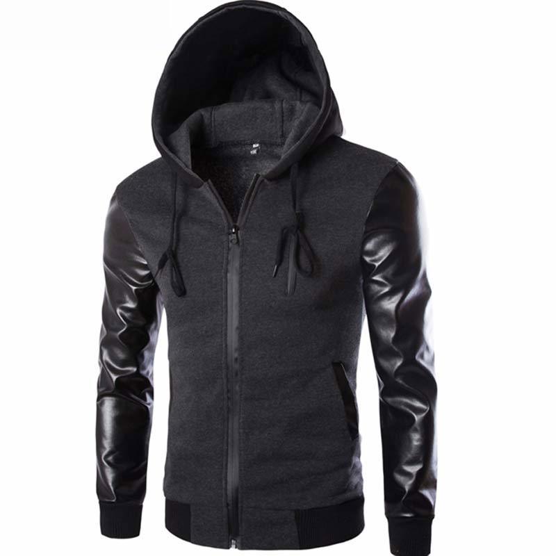 Cool Hooded Jacket Men Spring Fashion Pu Leather Sleeve Splice Bomber Jacket Casual Windbreaker Blouson Veste Sweat Homme 201218