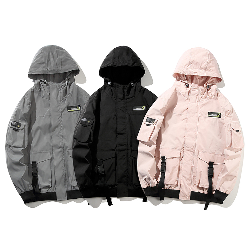 Men Night reflective gray Hooded Windbreaker Jacket male Streetwear Multi-pocket Ribbon Loose Casual Jackets Coats 201127