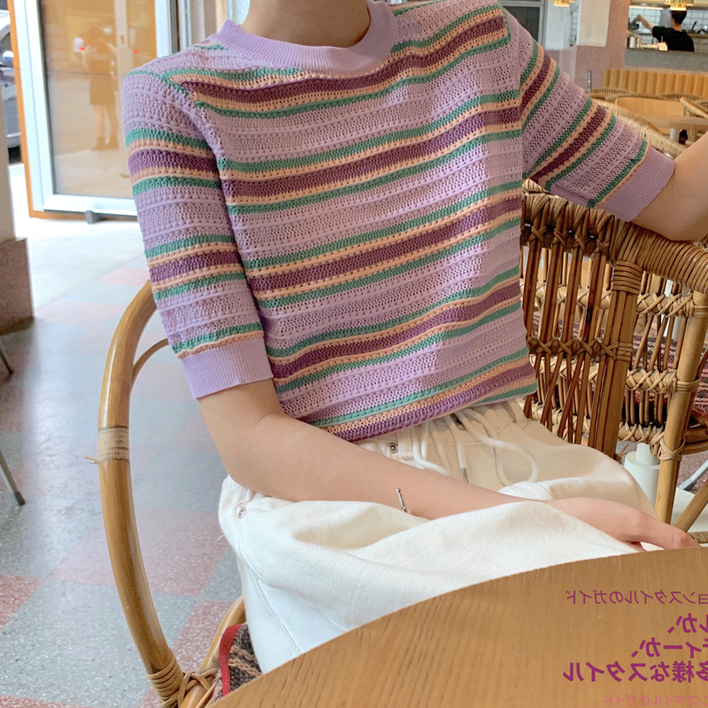 2021 New 2 colours summer rainbow stripe short thin sleeve t-shirts of women's femme cropped tops for women (c1318) B8AK, Lavender
2021 New 2 colours summer rainbow stripe short thin sleeve t-shirts of women's femme cropped tops for women (c1318) B8AK, Lavender