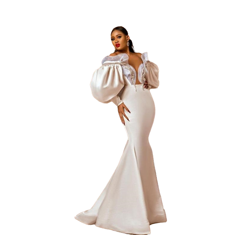 Elegant Long Puffy Sleeve Mermaid Evening Dresses For Women 2022 Deep V-Neck Plus Size Formal Party Gowns Beaded Ruffle Top Sweep Train Satin Prom Dre