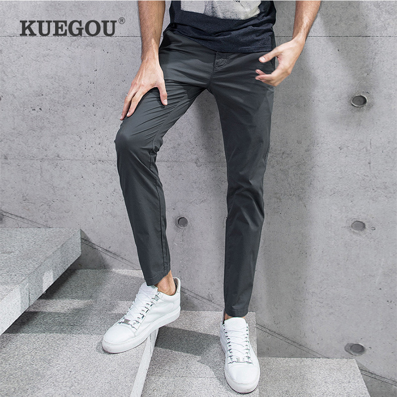 KUEGOU Cotton spandex Men's casual pants Spring slim type straight slacks Micro elastic Casual pants summer KK-2397 201126