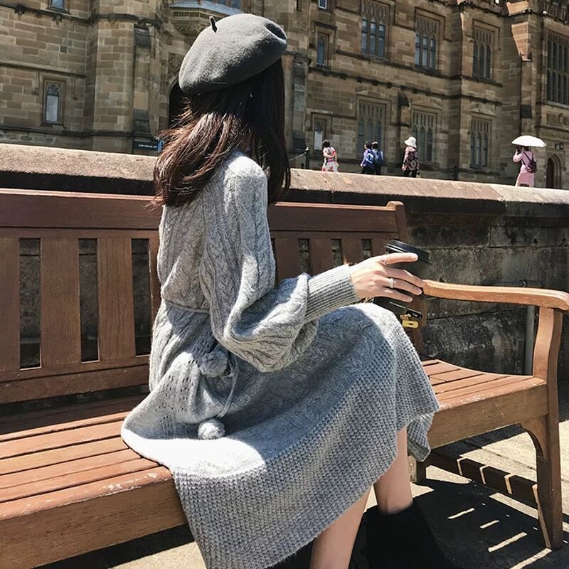 Slim Twist Autumn Winter Sweater Dress Knitted Women Sweaters Pullover Long Sleeve Round Neck Pullovers Knit Sweater Dress Warm 201125