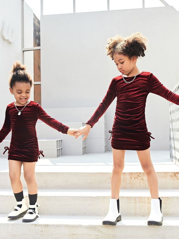 Girls 1pc Drawstring Side Ruched Velvet Dress SHE