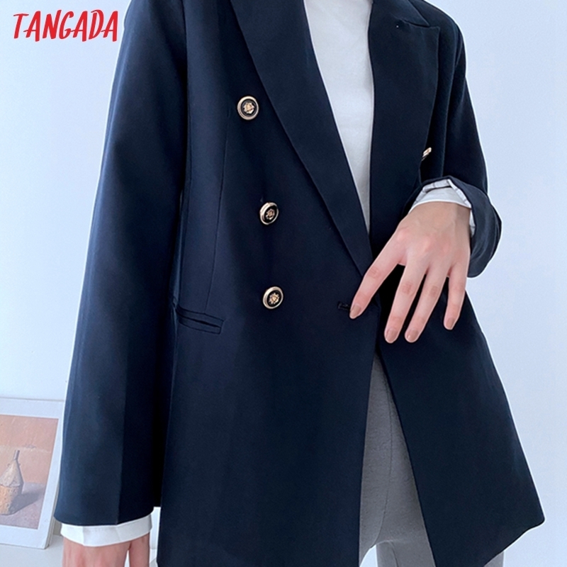 Tangada Women Fashion Fit Navy Blazer Coat Vintage Double Breasted Long Sleeve Female Outerwear Chic Tops DA170 201114
