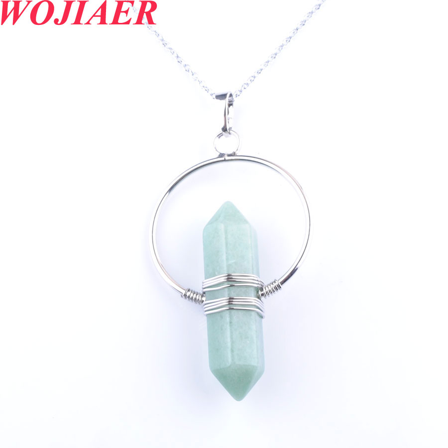 WOJIAER Natural Crystal Gem Stone Hexagonal Pillar Pendant & Necklace Amethysts Tigers eye Winding Women Jewelry DBO908