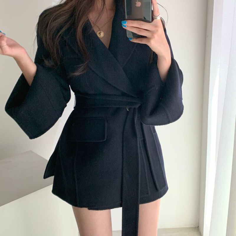 EWQ Autumn French Lapel Straight Slimming Lace-up Waist Cardigan Long Sleeve Woolen Coat For Women Loose Casual Suit 201222