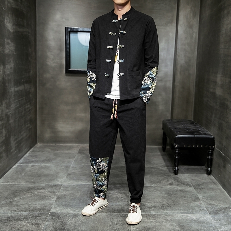 Vintage, China, autumn suit, sea water, Jiangya splice printing, Chinese-style 201124