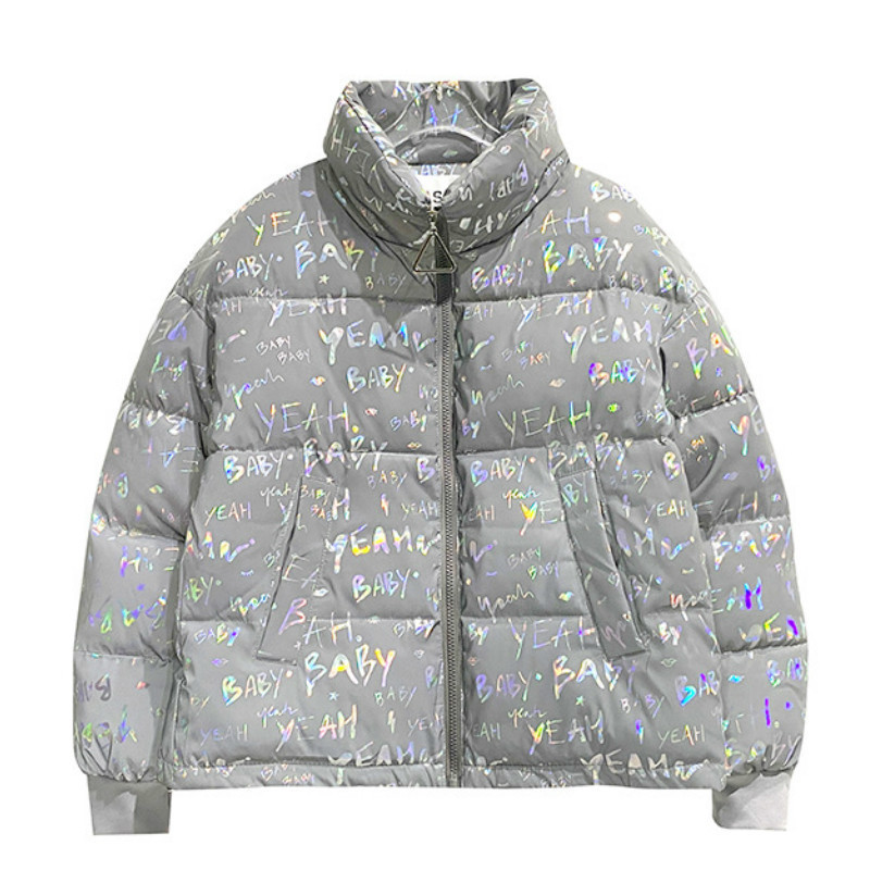 FORERUN Parka Jacket Women Winter Reflective Bubble Coat Standard Collar Letter Printed No Wash Cotton Padding Puffer Jackets 201130