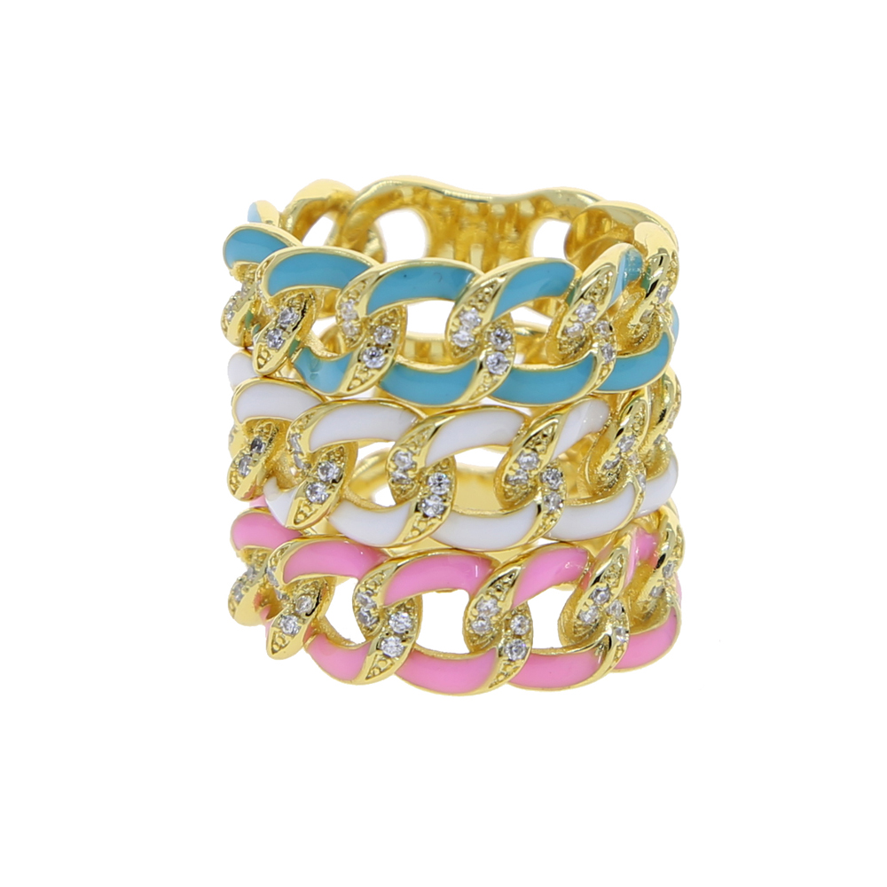 Gold Color Fashion 2024 Women Finger Jewelry Micro Pave White CZ Pink Blue White Enamel Cuban Link Chain Band Ring