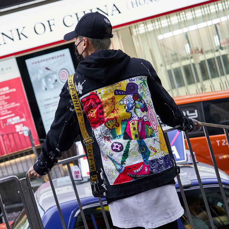 Men Streetwear Graffiti Appliques printed Jeans Jacket Hipster Holes Loose Hip Hop motorcycle Cotton black Casual Denim Jackets 201218