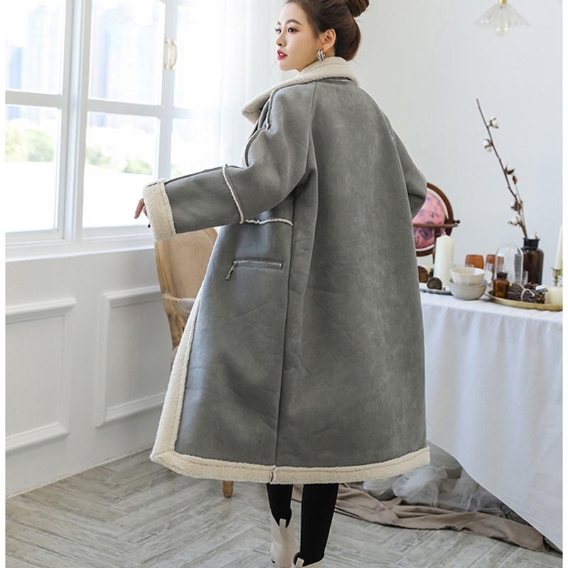 Korea Winter Women Faux Sheepskin Suede Suede Coat Thick Coat Flocking Wool Women's Long Leather Coats Plus Size Outerwear 201020
