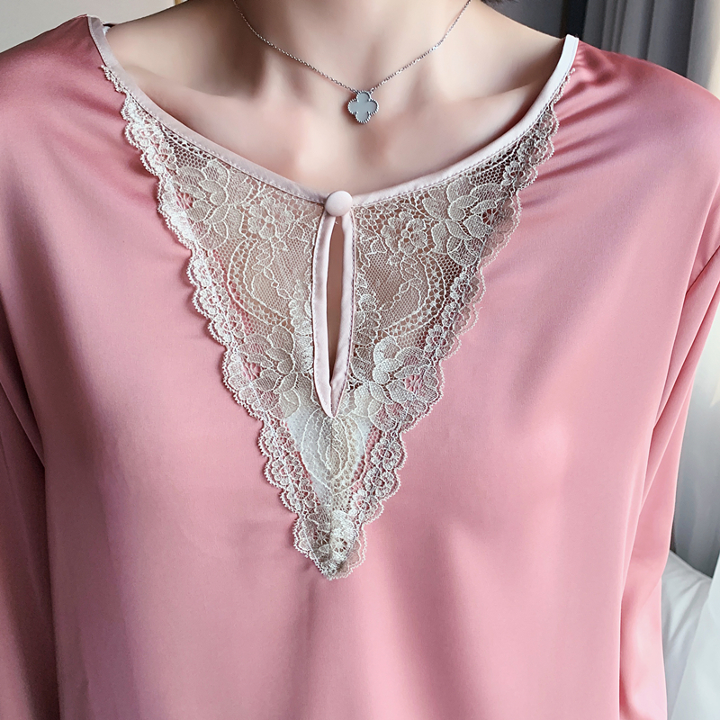 Daeyard Sexy Lace Trimmed Pajama Set For Women Spring Summer Long Sleeve Silk Pyjamas Soft Sleepwear Casual Homewear 2Pcs Pijama 201031