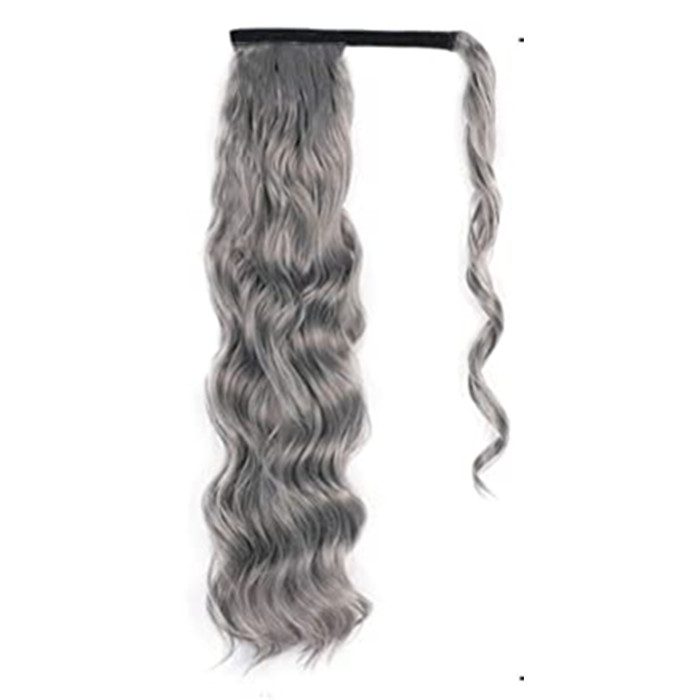 Wavy curly natural gray ponytail hairpiece salt and pepper wraps around clip in grey human hair pony tail 120g long side part