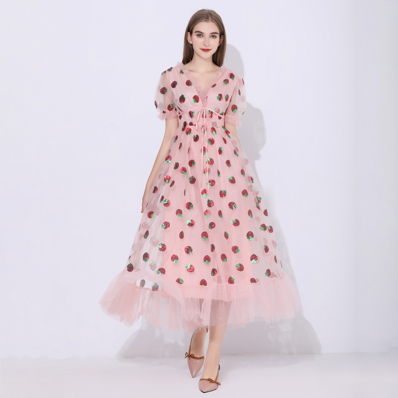 Sequins Strawberry Dress Women Elegant Long Dress V Neck Puff Sleeve Mesh Sexy Party Dresses Vintage Floral Dress Women Robe H1210