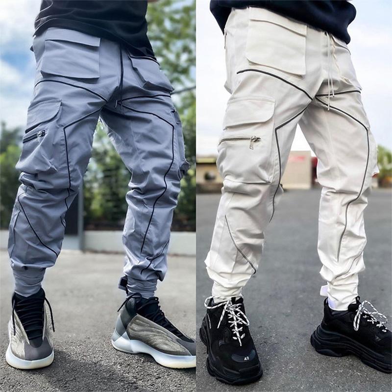 Men's Cargo Pants - Reflective Hip Hop Joggers, Casual Streetwear, Polyester, Khaki, Black, Blue, Army Green, White