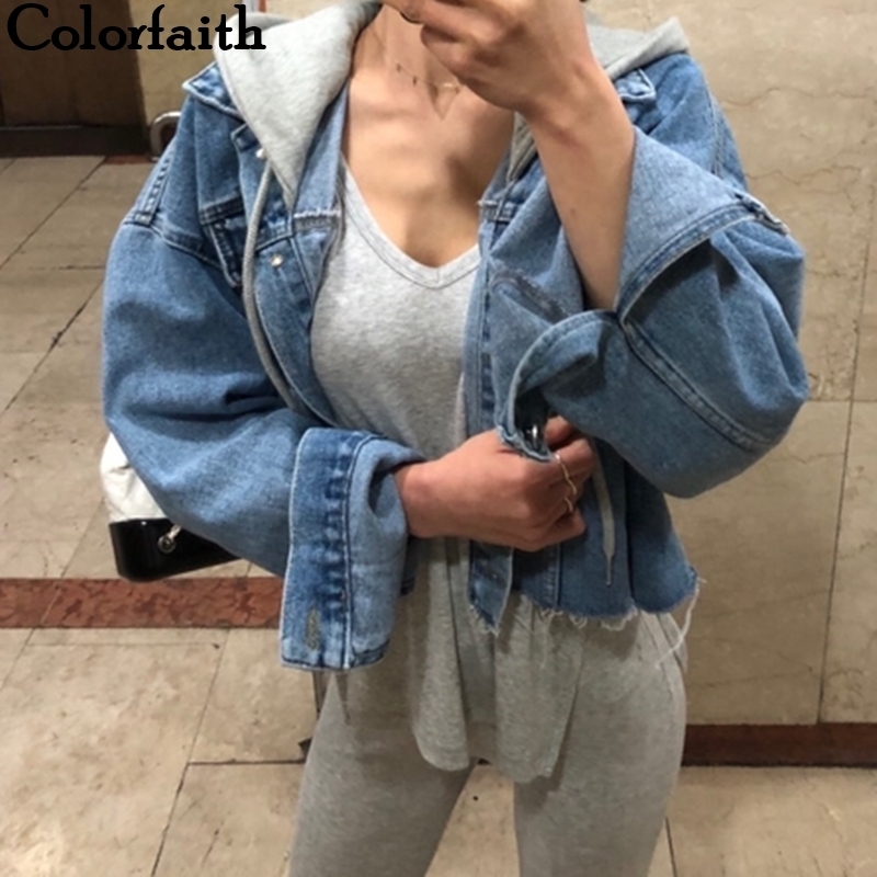 Colorfaith New Autumn Winter Women Denim Jackets Patchwork Hooded Outerwear High Street Oversize Wild Short Jeans JK8929