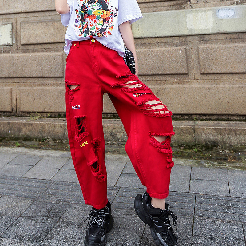 red women high waist womens street style distressed jeans Straight cylinder hole force pants 201029