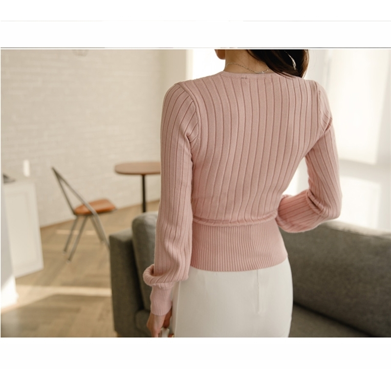 Elegant Pink V Neck Lantern Sleeve Lacing up Wrap Sweater Women Spring Fall Black OL Cardigan Knitted Jumper Ladies Tops 201120