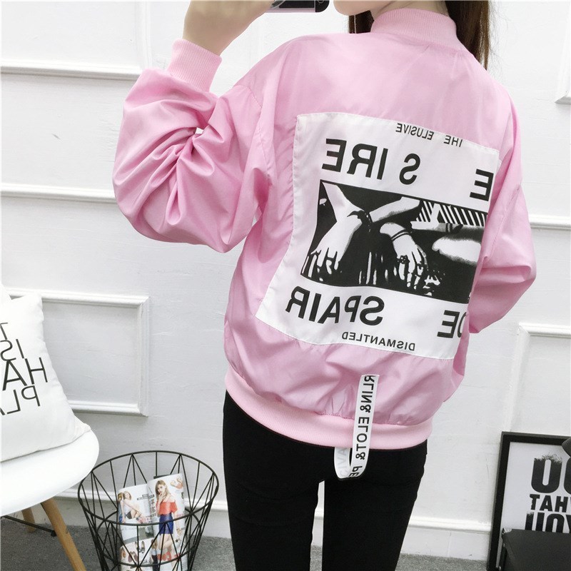Autumn Women Pink Stand Collar Zipper Letter Casual Jackets Full Back Patch Ribbon Oversized Bomber Jacket T200111