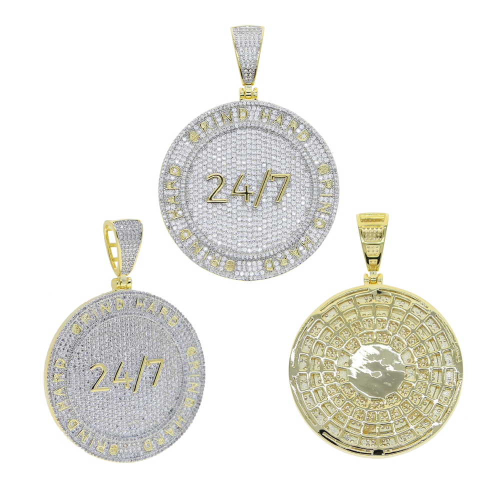 Drop ship hip hop penadnt Necklace with gold plated engraved Letter Grind Hard with Full Cubic zircon Paved Round Charm Punk styles Jewelry For Men Wo