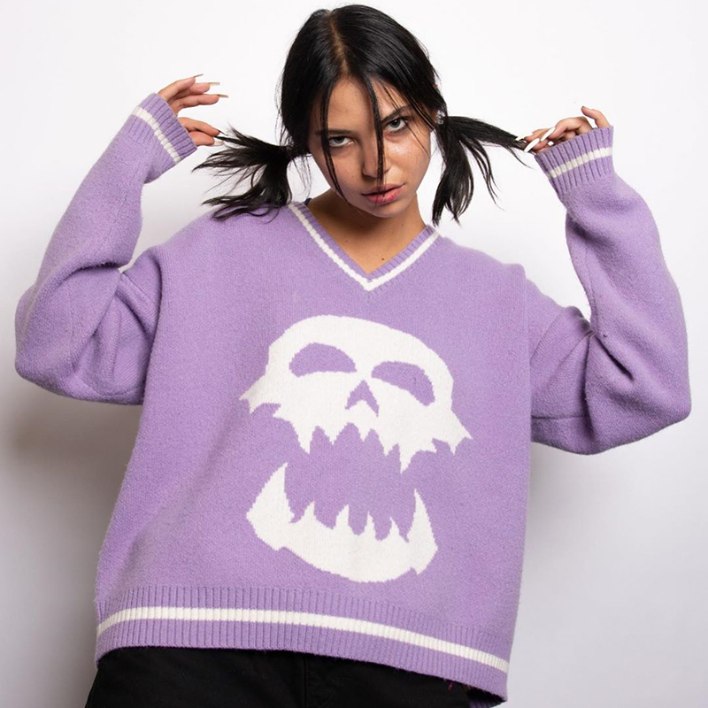 YICIYA Autumn Y2K Sweaters Skulls Pullovers V Neck Knitwear Loose Casual Knitted Tops Women Streetwear E-Girl Tops Blue 201222