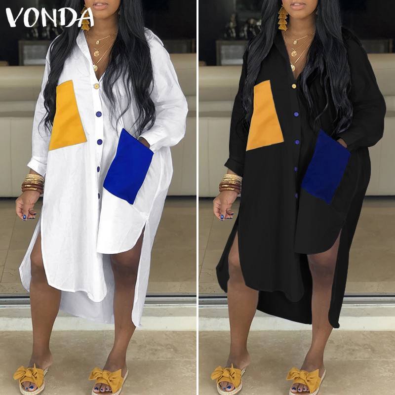 VONDA Woman Long Sleeve Blouses Autumn Patchwork Button Black White Shirts Femme Casual Bohemain Party Tops Loose Blusas S-5XL T200321
