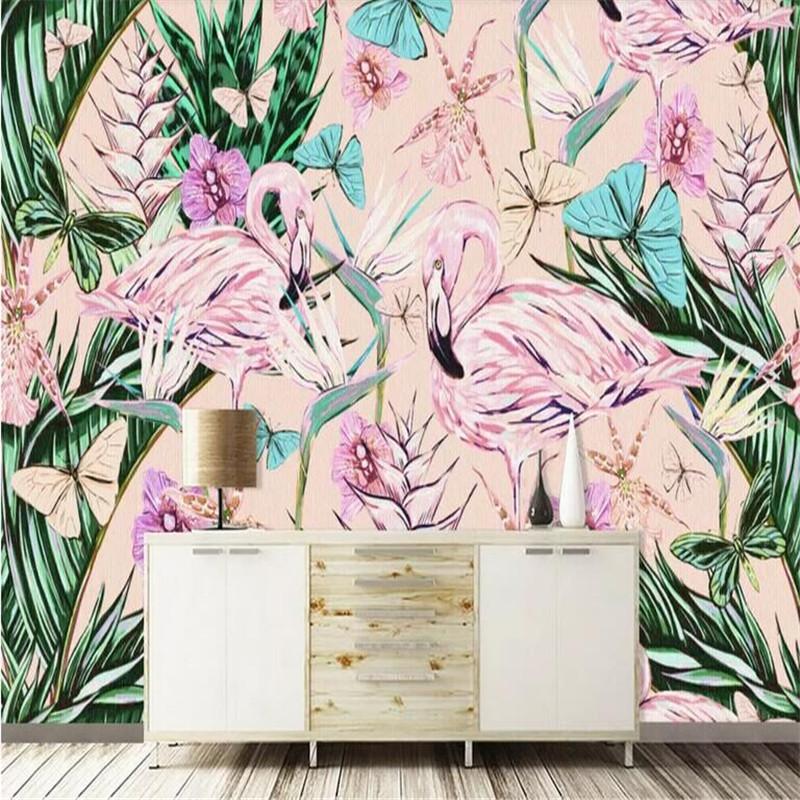 

Nordic tropical rain forest plant flamingo background wall painting factory wholesale wallpaper mural custom photo wall, As pic