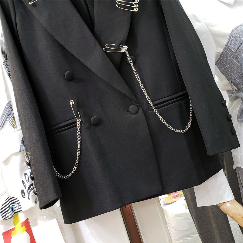 EWQ2020 Autumn Winter New Sweet Women Oversize Jacket Long Sleeve Loose Ladies Office Coat Suits Outwear Chain Decoration T200828