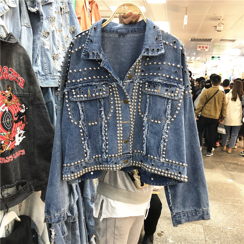 Spring Autumn Women's Harajuku Red Denim Jacket Coat Hand Beaded Rivet Short Black Jean Jackets Students Basic Coats Outfit T200828