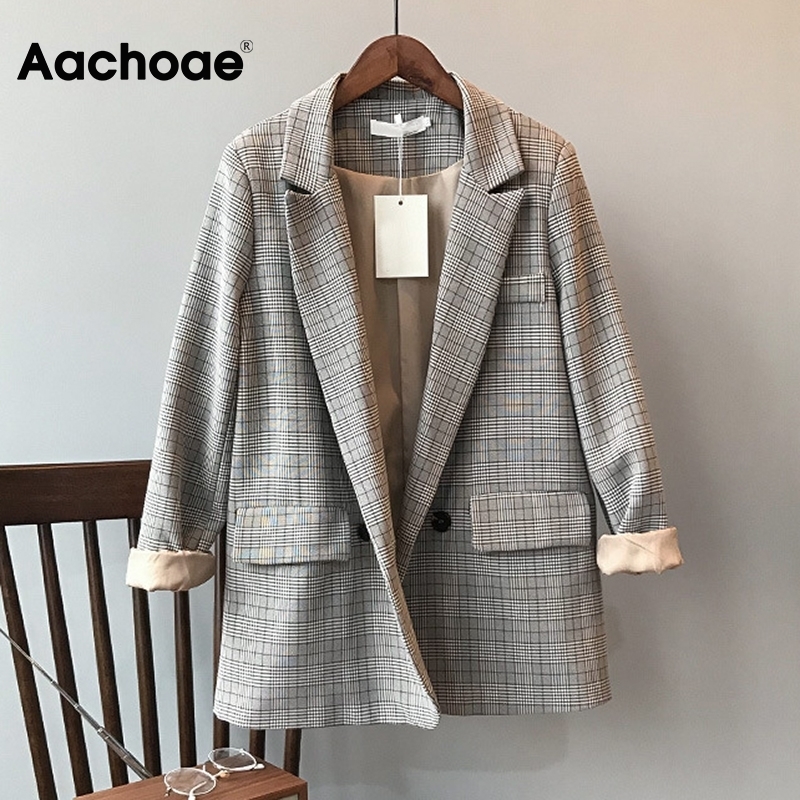 Aachoae Korean Style Chic Plaid Blazer Women Office Wear Long Sleeve Female Jacket Vintage Loose Pockets Double Breasted Coat 201114