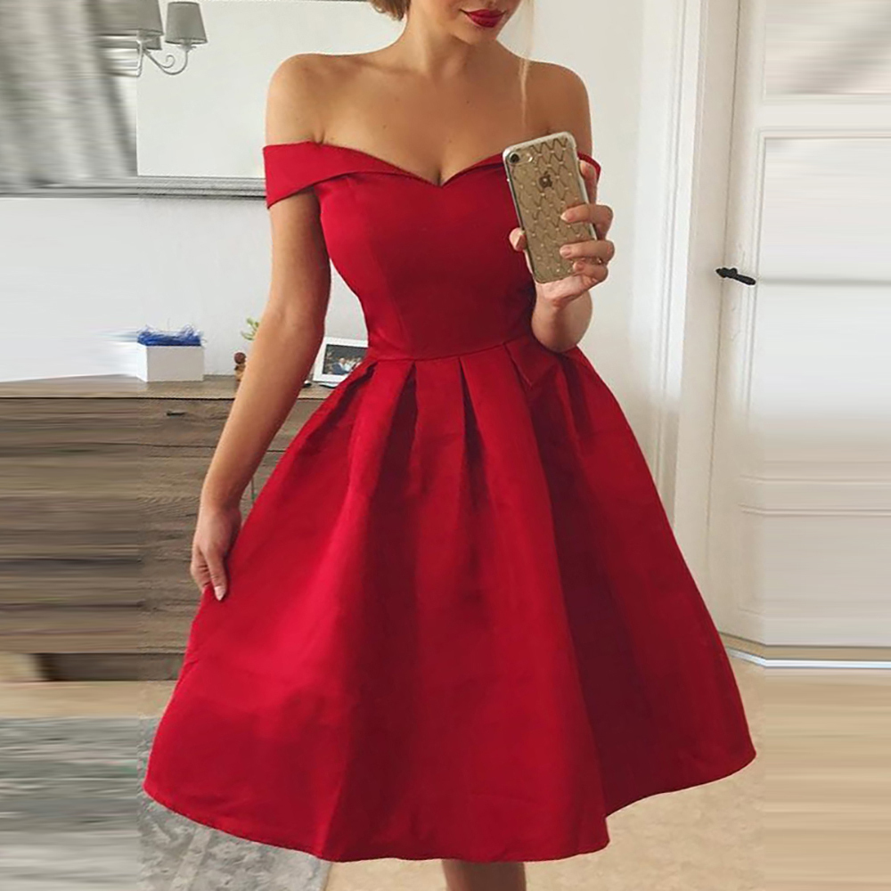 Elegant Red Dress Women Patchwork Slash Neck Short Sleeve Tunic Dress Summer Lady Sexy Prom Gown Evening Party Dresses D30 T200320
