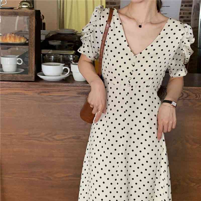 summer retro women dot print midi elegant puff sleeve dresses french style clothes vestidos, Black;gray
summer retro women dot print midi elegant puff sleeve dresses french style clothes vestidos, Black;gray