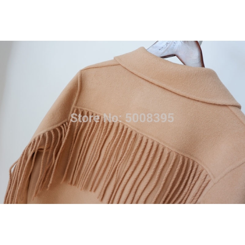 Woman Camel COLOR LONG 100% WOOL Trench Coat BACK Long TASSELS Sleeves Front Double Breasted Lapel Collar Fashion Coats 201222