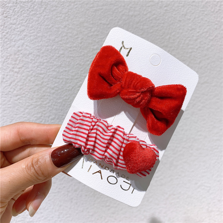 New Korean Children's Dot Plaid Love BB Clip Sweet Girl Fashion Festive Red Velvet Fabric Bow Duckbill Clip Hair Accessories