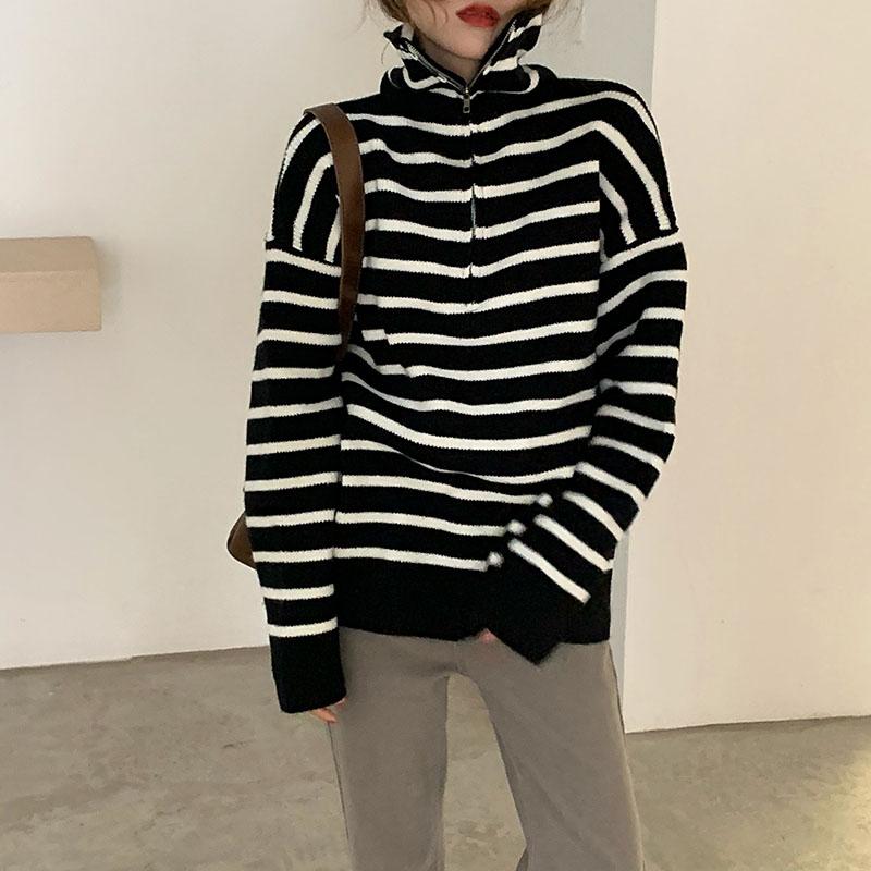 New 2020 Autumn Winter Women Sweater Zipper Lapel Pullovers Knitted Striped Print Korean Elegant Wild Ladies Jumpers Tops, Black
New 2020 Autumn Winter Women Sweater Zipper Lapel Pullovers Knitted Striped Print Korean Elegant Wild Ladies Jumpers Tops, Black