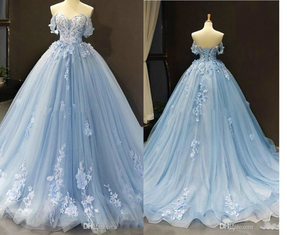 Light Sky Blue Ball Gown Evening Dresses Off Shoulder Sleeveless Lace Up Appliques Lace Formal Prom Dress Vestidos De Quinceanera