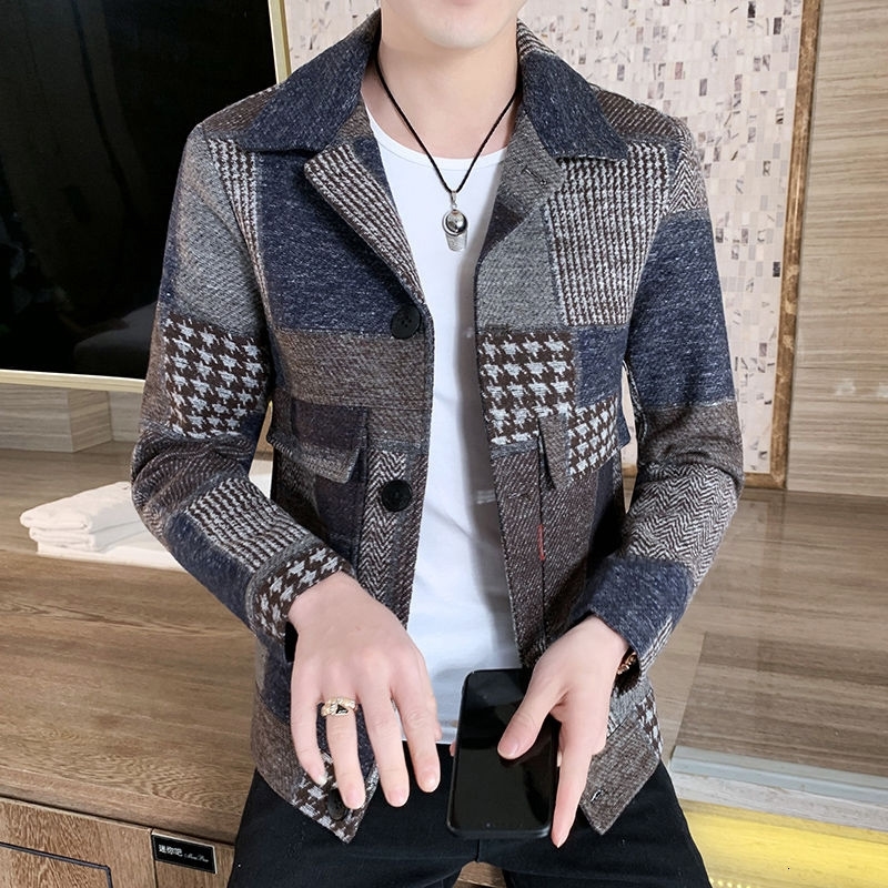 Fashion Warm Long-sleeved Plaid Gentleman Pockets Coat Jacket Korean Casual Men's Stitching Jacket Fashion Slim Fit Jacket 201223