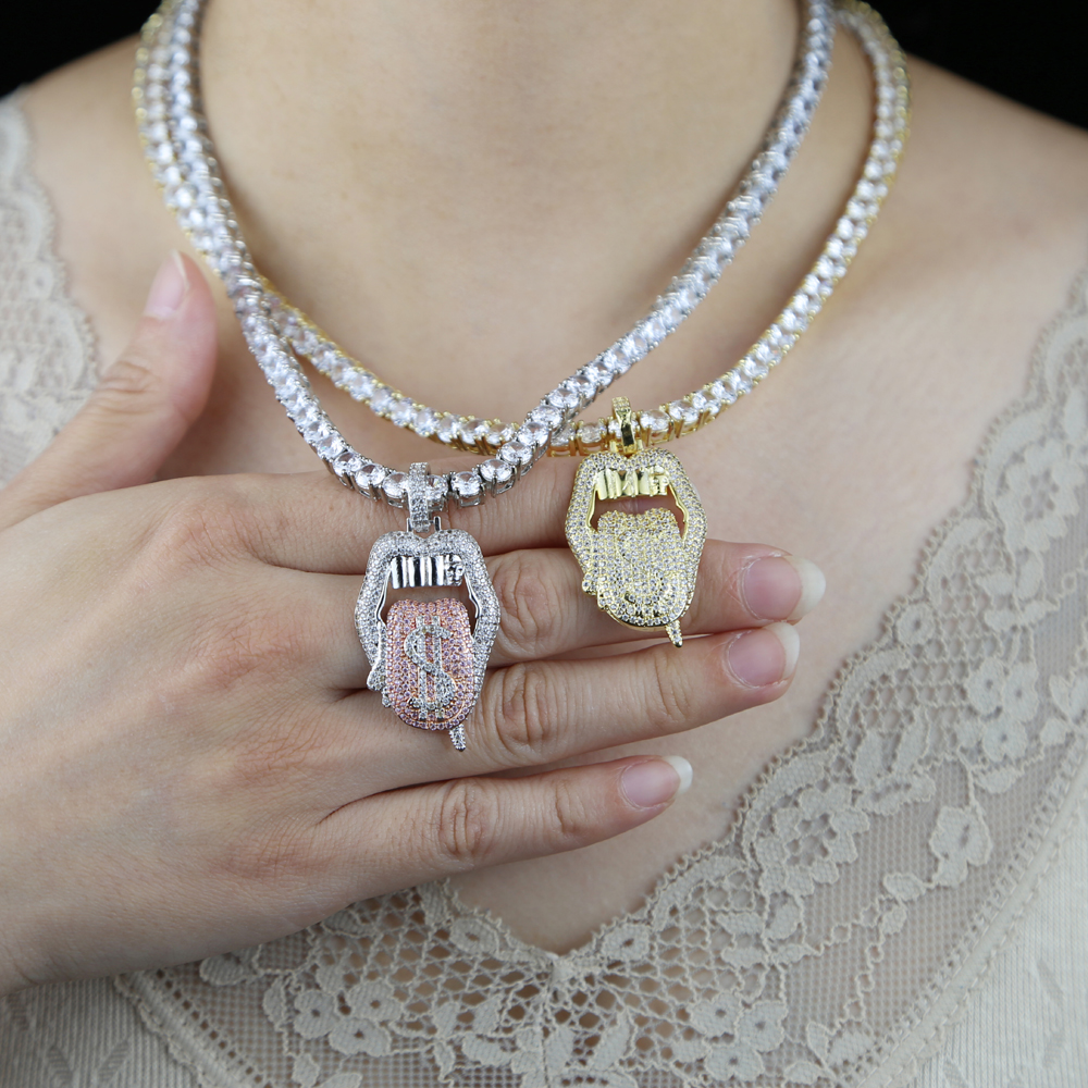New All Hallows' Day Gift pendant Jewelry For Women Iced Out Bling CZ Tennis Chain Tongue Pendant Drip Dollar Lip Necklace