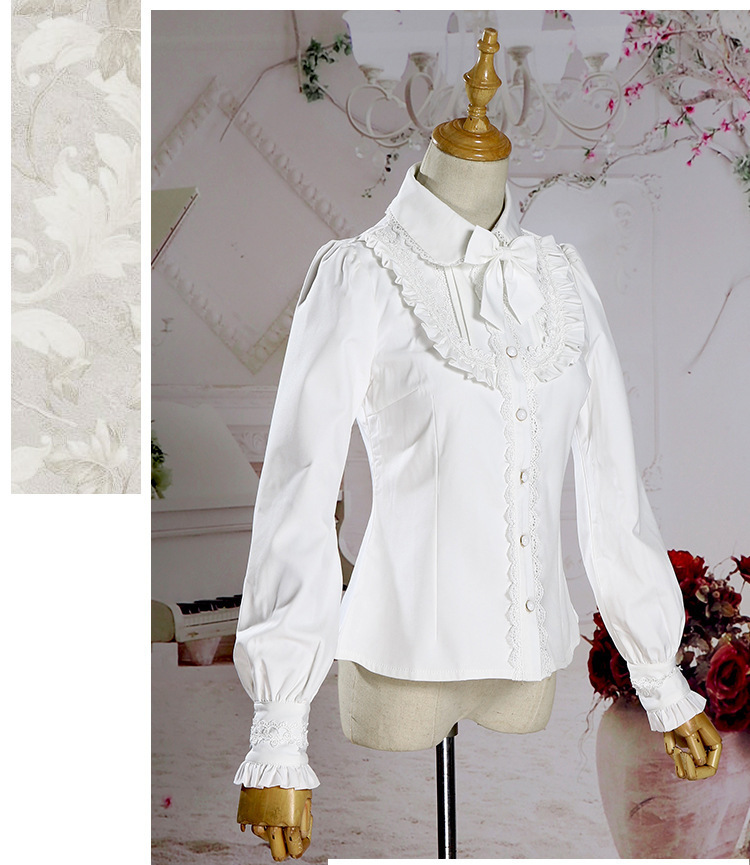 Warm Thick Women's Shirt Long Sleeve White Black Lolita Fleeced Blouse with Bowknot T200321