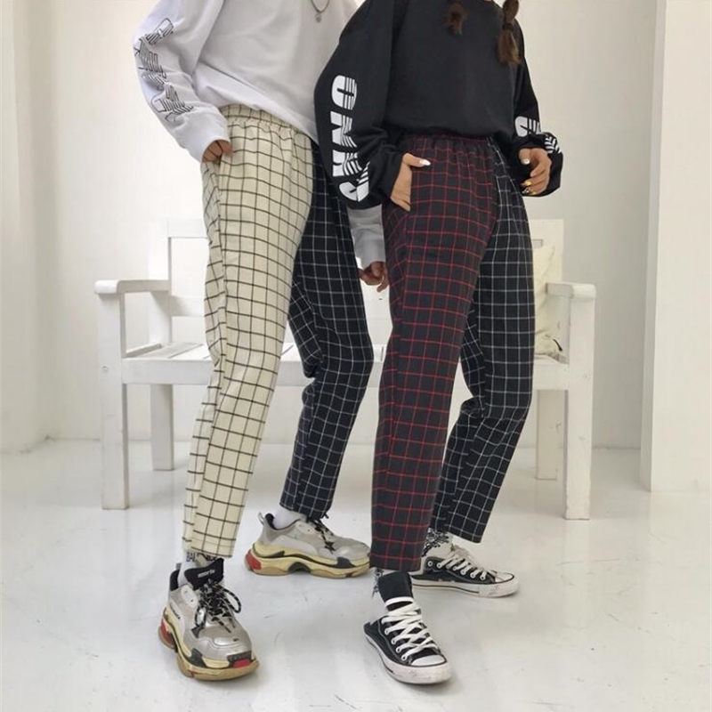 New Harajuku Patchwork Plaid Pant Women Elastic Waist Straight Pants 201031, White and black
New Harajuku Patchwork Plaid Pant Women Elastic Waist Straight Pants 201031, White and black