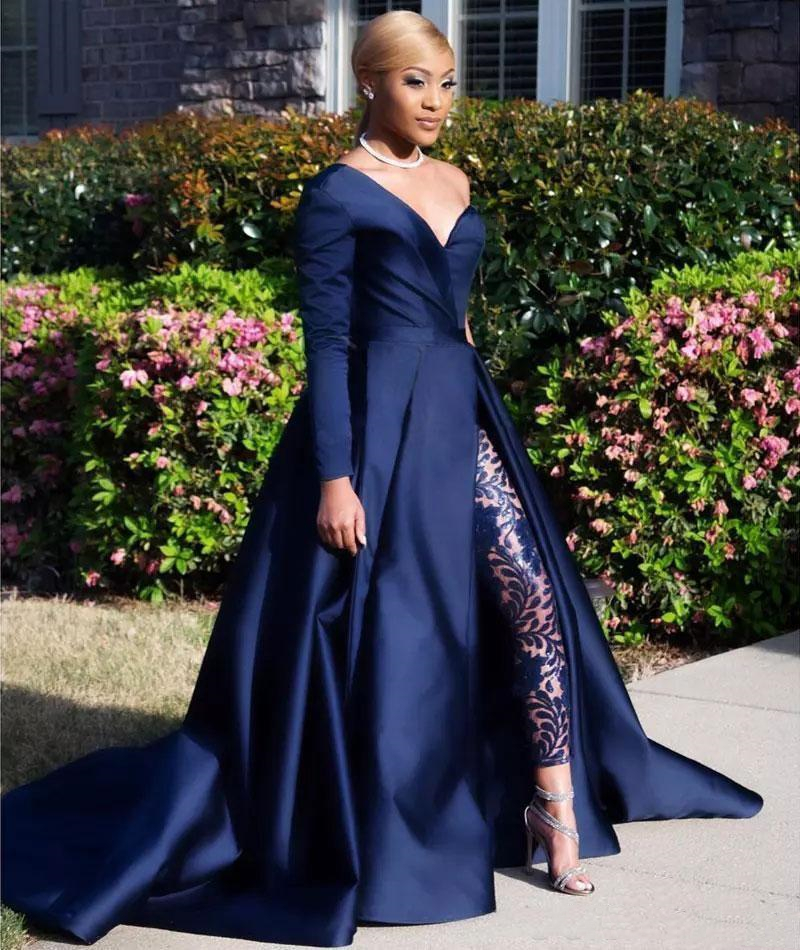 Modern Dark Navy One Shoulder Evening Dresses Women Jumpsuits Formal Party Gowns Lace Appliques Satin A Line Prom Dress Special Occasion Wear Pant 202